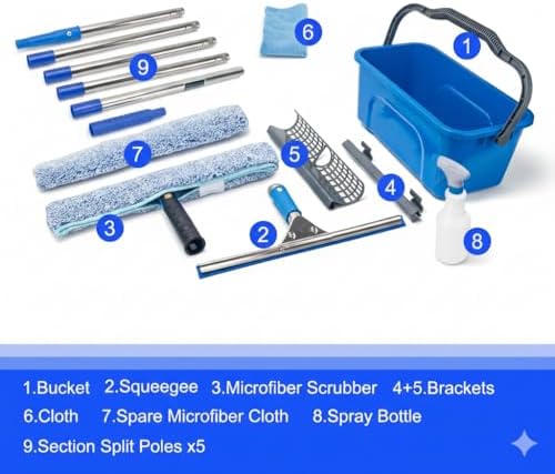 Window Cleaning Kit with 6ft Long Handle, 3 Gallon Bucket,14" Squeegee,15" Microfiber Scrubber,Spray Bottle, Cloth,Professional Window Washing Equipment Cleaner Tool for Outdoor Commercial Household
