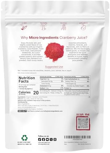 Sustainably US Grown, Organic Cranberry Juice Powder (Wild Cranberry Supplements Cold Pressed), 8 Ounce | Supports Urinary Tract Cleanse & Prostate Health* | Filler Free, Water Soluble, Pet Friendly