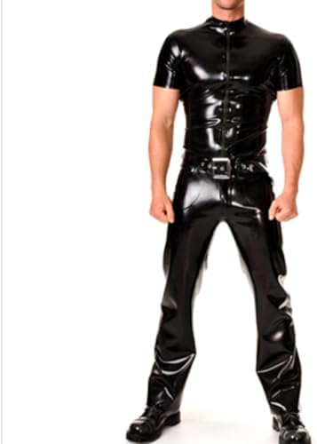 Men's Black Latex Shirts,Handmade Natural Rubber Latex T-Shirt with Zipper,Suitable for Cosplay Bar Nightclub Costumes