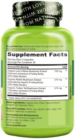 NATURELO Mushroom Supplement Capsules, 90 Ct, Brain & Immune Support, Vegan-Friendly, Lions Mane Supplement Capsules, Lion’s Mane, Reishi, Turkey Tail Blend