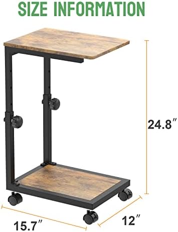 C Shaped End Table with Rolling Wheels, Height Adjustable Sofa Side Table for Small Space Bedroom, Industrial TV Tray Couch Table Cart for Living Room, Retro Brown & Black