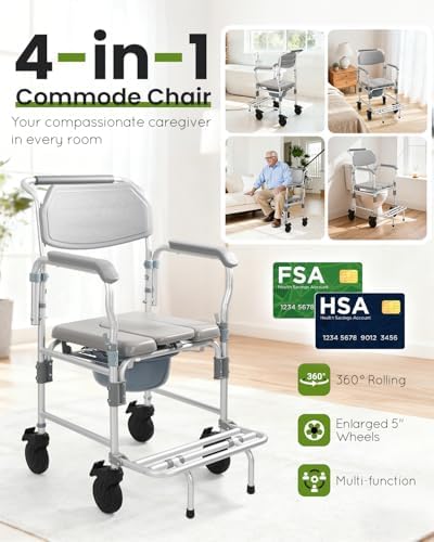 Shower Chair with Wheels, Bedside Commode Wheelchair with Flip-up Armrest, 330lbs Heavy Duty Rolling Bath Chair for Handicap, Elderly & Injured, 5" Enlarged Casters & Safety Straps