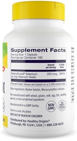 Healthy Origins Selenium 200 mcg, 180 Capsules - SelenoExcell High Bioavailability Organically Bound Fermented Selenium - Supports Immune System Function, Thyroid Health & Healthy Cellular Support