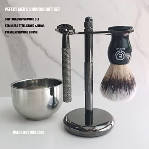 3 in1 Premium Shaving Brush Kit for Men Includes Vegan Badger Synthetic Hair Shaving Brush,Stainless Steel Shaving Soap Bowl,Heavy Safety Stand for Mens Gift (Deluxe Black)