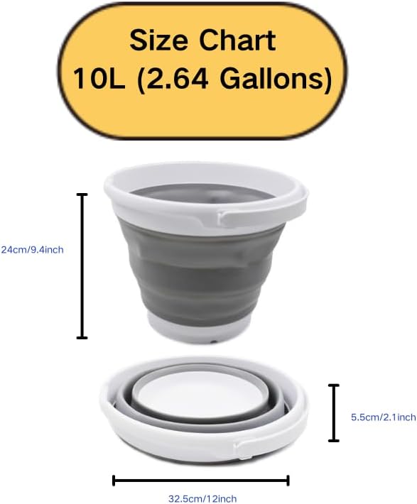 SAMMART 10L (2.6 Gallon) Collapsible Plastic Bucket - Foldable Round Tub - Portable Fishing Water Pail - Space Saving Outdoor Waterpot. Size 31cm Dia (White/Grey (Set of 2))