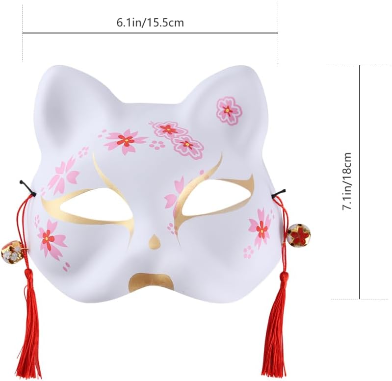 Holibanna 2Pcs Japanese Styled Cat Masks for Halloween Hand Painted Half Face Cosplay Masks with Tassels and Bells Cat Animal Facemasks Assecories For Halloween Masquerade Drama Costume Dress Up