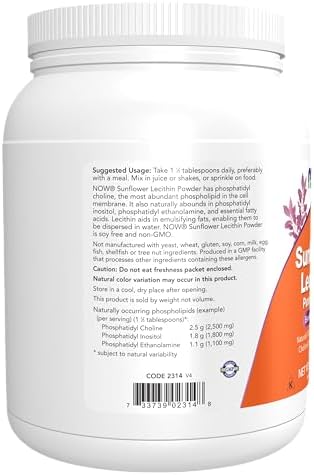NOW Foods Supplements, Sunflower Lecithin with naturally occurring Phosphatidyl Choline and Other Phosphatides, Powder, 1-Pound