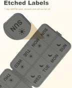 Pill Organizer Travel Medicine Case - Travel Pill Case with Etched Labels, Daily Travel Medicine Case Holder