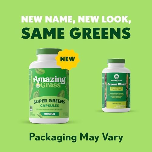 Amazing Grass Greens Blend Superfood Capsules: Super Greens with Organic Spirulina, Chlorella, Beet Root Powder, Digestive Enzymes & Probiotics, 150 Capsules (Packaging May Vary)