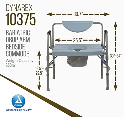 Dynarex Bariatric Drop Arm Bedside Commode, Multi-Use Portable Toilet Chair with 650 Pound Weight Capacity and a Heavy-Duty Steel Frame, Grey, 1 Bariatric Drop Arm Bedside Commode