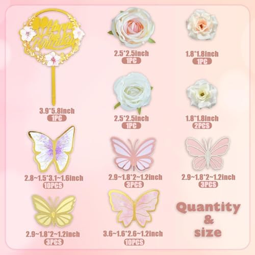 35PCS Butterfly Cake Topper Decorations with Artificial Flowers for Anniversary Butterfly Birthday Supplies (Pink Gold)