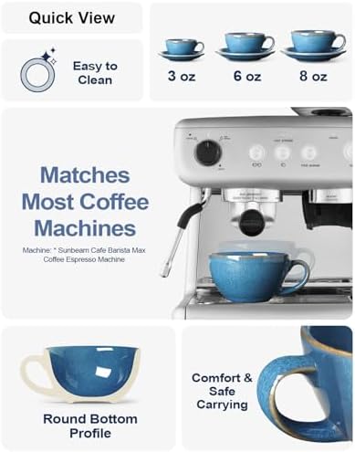 LE TAUCI 6 oz Cappuccino Cups with Saucers, Set of 4 Ceramic Coffee Cup and Saucer Set for Latte, Au Lait, Flat White, Mocha, Tea, Embossed Coffee Cups, Ceylon Blue