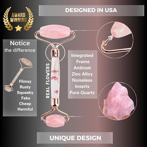 100% Authentic Rose Quartz Jade Roller and Gua Sha Set for face. Premium Quality Complete Kit. Facial Tools. Microneedle Derma Roller. Natural Facial Gift Set Women (Pink, 4 PCS)