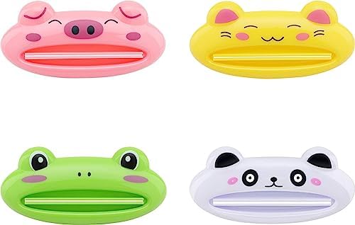 4PCS Toothpaste Tube Squeezer Cartoon Reusable Toothpaste Tube Portable Cute Rolling Holder Squeezer for Bathroom Home Saving Toothpaste Facial Cleanser Creams Bathroom Accessories-Frog/Panda/Pig/Cat