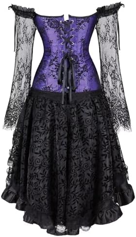 Jutrisujo Corset Top Skirt Set Dress Bustier Lace Long Sleeves Floral Plus Size Costume Halloween Women