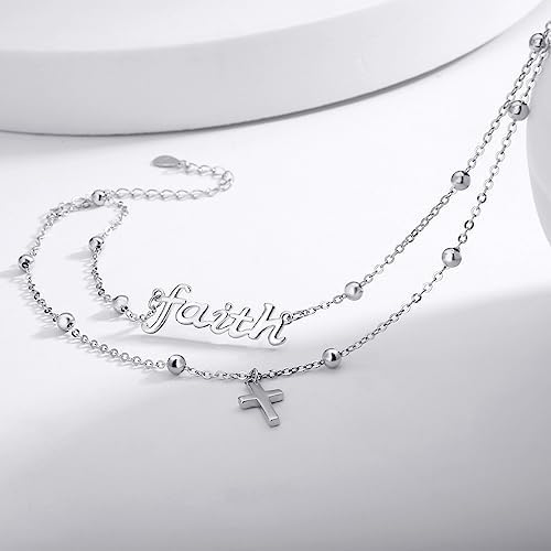 faith Bracelet,S925 Sterling Silver Faith Cross Double Layer Bracelets Christian Jewelry for Women