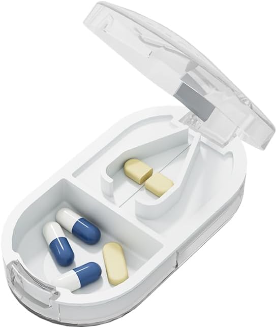 Daily Pill Organizer Splitter, Small Pill Box Container, Cut Pills in 1/2, 1/4 with 2 Compartment Vitamin Tablet Case Dispenser for Medicine, Medication, Fish Oil, Supplement, Capsule, Clear