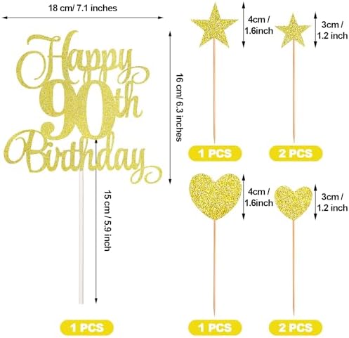 90th Birthday Cake Decorations Set Include 90th Birthday Candles Numeral 90 Cake Candles and Happy 90th Birthday Cake Toppers with Heart Star Cupcake Picks for Birthday Party (Gold Series)