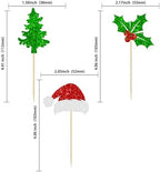 24Pcs Christmas Santa Hat Cupcake Toppers Glitter Holly Leaves Berries Christmas Tree Cupcake Picks Winter Merry Xmas Theme Birthday Party Cake Decorations Supplies