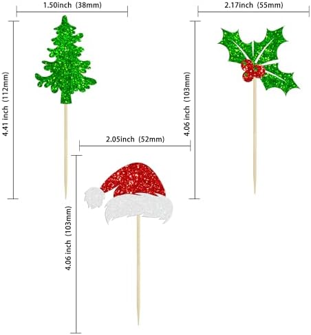 24Pcs Christmas Santa Hat Cupcake Toppers Glitter Holly Leaves Berries Christmas Tree Cupcake Picks Winter Merry Xmas Theme Birthday Party Cake Decorations Supplies