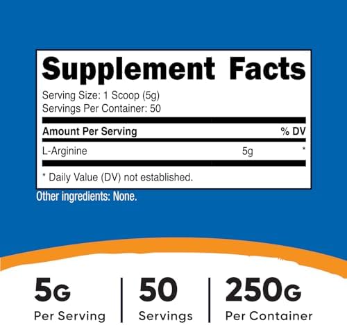 Nutricost L-Arginine (250 Grams) - Pure L-Arginine Powder - 5000mg Per Serving; 50 Servings
