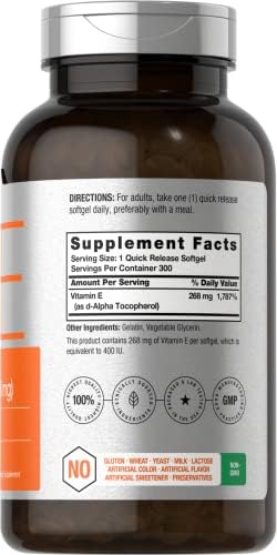 Horbäach Vitamin E Softgel Capsules | 400 iu | 268mg | 300 Count | Non-GMO and Gluten Free Naturally-Sourced Formula | D-Alpha Tocopherol