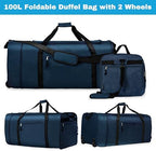 Finnhomy 100L Foldable Rolling Duffel Bag with 2 Wheels, Light Weight Travel Duffel bag with Large Loading Capacity, 32 inch Rolling Duffel bag with Shoulder Strap for Travel Camping Sports, Dark Blue