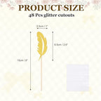 MECCANIXITY 48 Pcs Feather Cupcake Toppers, Glitter Cupcake Picks with Glue Points, Cake Decorations for Wedding Birthday Theme Party Supplies, Golden