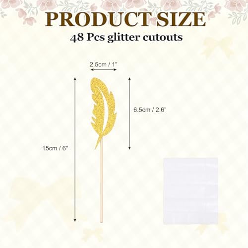 MECCANIXITY 48 Pcs Feather Cupcake Toppers, Glitter Cupcake Picks with Glue Points, Cake Decorations for Wedding Birthday Theme Party Supplies, Golden