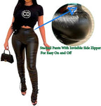 Sexy Women Faux Leather Leggings High Waisted Pleated Leather Tights Splits Hem Stacked Pants