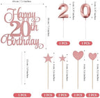 20th Birthday Cake Decorations, 20th Birthday Candles Cake Numeral Candles and Glitter Happy 20th Birthday Cake Toppers Set for Birthday Party Supplies (Rose Gold)