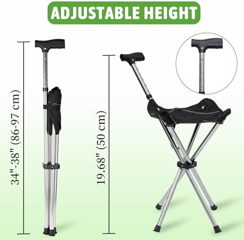 FATTCHIAR Cane with Seat with Light, Cane Chair Adjustable Height Folding Lightweight Walking Stick with Seats, Portable Stool for Adults Seniors