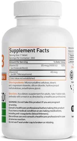 Bronson Vitamin K2 (MK7) with D3 Lower Dose 45mcg Vitamin K2 & 1000 IU Vitamin D3 Easy to Swallow Daily Maintenance 2 in 1 Formula Non-GMO, 360 Mini Tablets