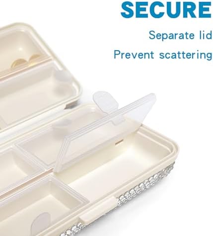Yivaiks Bling Travel Pill Organizer Crystal Rhinestone 7 Compartments Portable Pill Case Daily Pill Box to Hold Vitamins Small Pill Container for Pocket Purse Medicine Organizer(White)