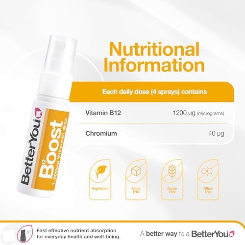 BetterYou Boost Vitamin B12 Oral Spray - Natural Liquid Supplement - Vitamin Spray for Daily B12 Intake - Green Tea and Chromium - 0.85 oz