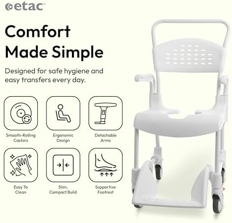 Etac Clean Shower Commode Chair for Elderly & Disabled – Shower Chair with Wheels, Ergonomic, Removable Armrests, Footrest & Pan Holder – Slim, Easy-to-Clean Design Fits Doorways