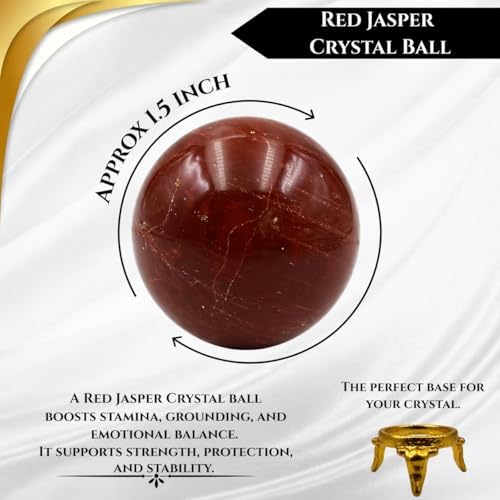 Wholesale Gem Shop Natural Quartz Red Jasper 40-45 mm Ball Sphere Gemstone A+ Hand Carved Crystal Altar Healing Devotional Focus Spiritual Chakra Cleansing Metaphysical Gift for Men Women with Stand