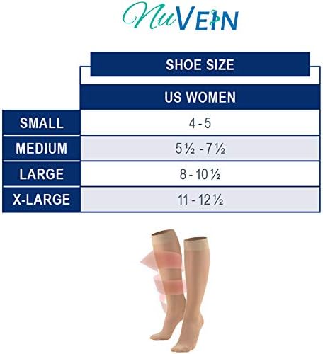 NuVein Sheer Compression Stockings for Women, 8-15 mmHg Support, Light Denier, Knee High, Closed Toe, Black, Large