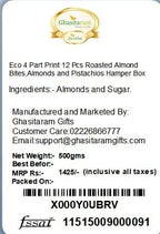 Ghasitaram Gifts Indian Sweets - Diwali Gifts Diwali Hamper Sweet Hampers - Eco 4 Part Print 12 Pcs Roasted Almond Bites,Almonds and Pistachios Hamper Box