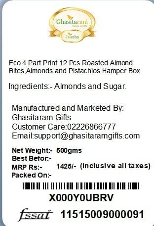 Ghasitaram Gifts Indian Sweets - Diwali Gifts Diwali Hamper Sweet Hampers - Eco 4 Part Print 12 Pcs Roasted Almond Bites,Almonds and Pistachios Hamper Box