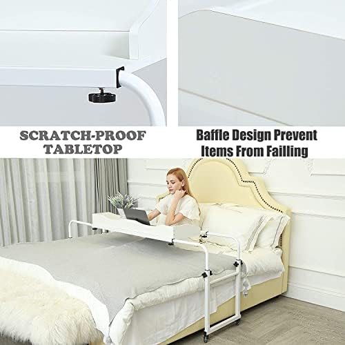 UNICOO Adjustable Overbed Table, Over the Bed Table with Wheels, Medical Overbed Table with Wheels Adjustable Height, Rolling Desk for Full/Queen/King Bed, Sturdy Wood & Steel Frame (202-White)