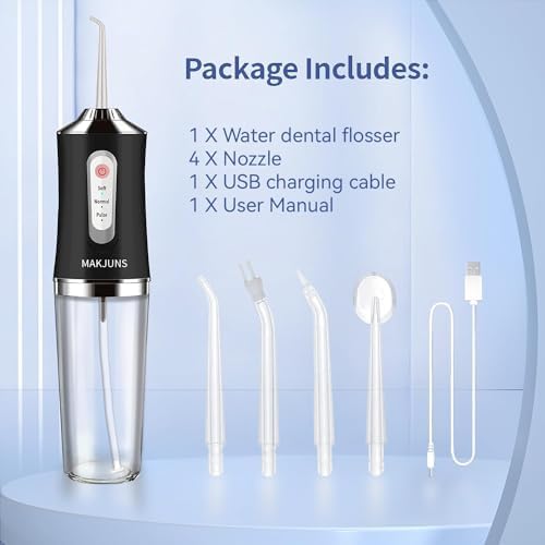 Water Dental Flosser Teeth Pick Portable Cordless Oral Irrigator Rechargeable Travel Irrigation Cleaner 3 Modes 4 Jets IPX7 Waterproof Electric (Black)