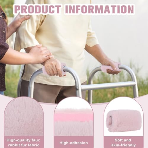 Threlaco 2 Pcs Walker Handle Cushions Fluffy Walker Hand Pads Universal Padded Rollator Hand Cover for Folding Rolling Wheelchair, Senior, Elderly Grippers, with 2 Extra Foam Pads(Pink)