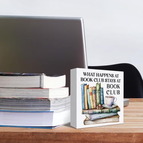 Book Lover Gifts for Women Men - What Happens at Book Club - Funny Reading Gift for Reader Librarian Bookworm Christmas Birthday - Book Shelf Desk Wooden Box Sign