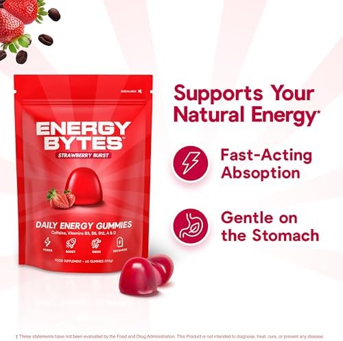 Energy Bytes Daily Energy Gummies – Fast Acting Energy Chews with Caffeine & Vitamins B3 B6 B12 A & D – Stay Focused and Energised Through Your Day – 60 Bytes
