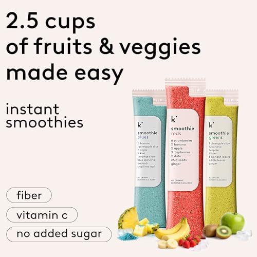 kencko Instant Smoothie Powder Mix Variety Packets, 20 Pack - Reds, Blues & Greens - Healthy Freeze-Dried Fruit & Veggie Superfood Powdered Drink Mix - Plant-based, Vegan, Dairy Free & No Added Sugar