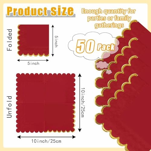 50 Pieces Red Scalloped Napkins with Gold Foil 2-Ply Red and Gold Disposable Scalloped Cocktail Napkins Paper for Dinner Wedding Baby Shower Birthday Party Dessert Beverage Napkin