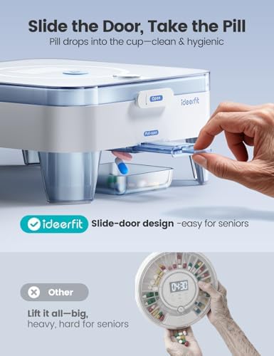 28-Day(1X) Automatic Pill Dispenser – One-Press Daily Dispense (No APP), Easy-to-Use Slide-Door Cup, Sound & Light Alerts, Moisture-Proof Dual Desiccants, Large Compartments for Tablets & Capsules