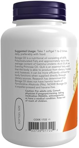 NOW Foods Supplements, Borage Oil 1000 mg with 240mg of GLA (Gamma Linolenic Acid), 120 Softgels