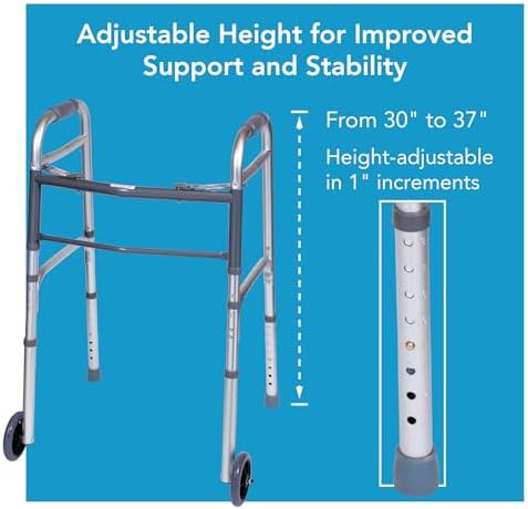 Carex Folding Walker with Wheels for Seniors, Portable Medical Walker with Adjustable Height, 30-37 Inches, Mobility Aid for Adults, Elderly, and Handicapped, Foldable, Aluminum Frame, Lightweight